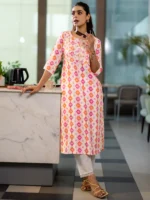 Orange Printed Silk Blend Straight Kurta - Image 2