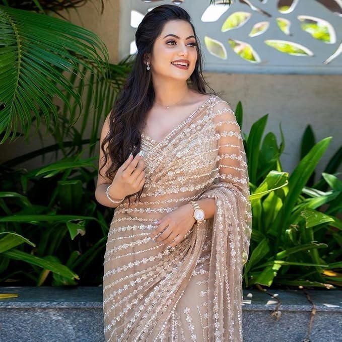 71ElDyFbp5L._SX679_.jpg Saree For Women's And Girls Net Fabric Saree With Fancy Sequance Embroidery Work With Feather Lace In Pallu - Image 1