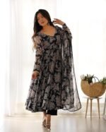 Women's Heavy Pure Soft Georgette Anarkali V-neck Long Sleeve Kurti With Matching Pant and Digital Printed Work Heavy Matching Dupatta Set. - Image 2